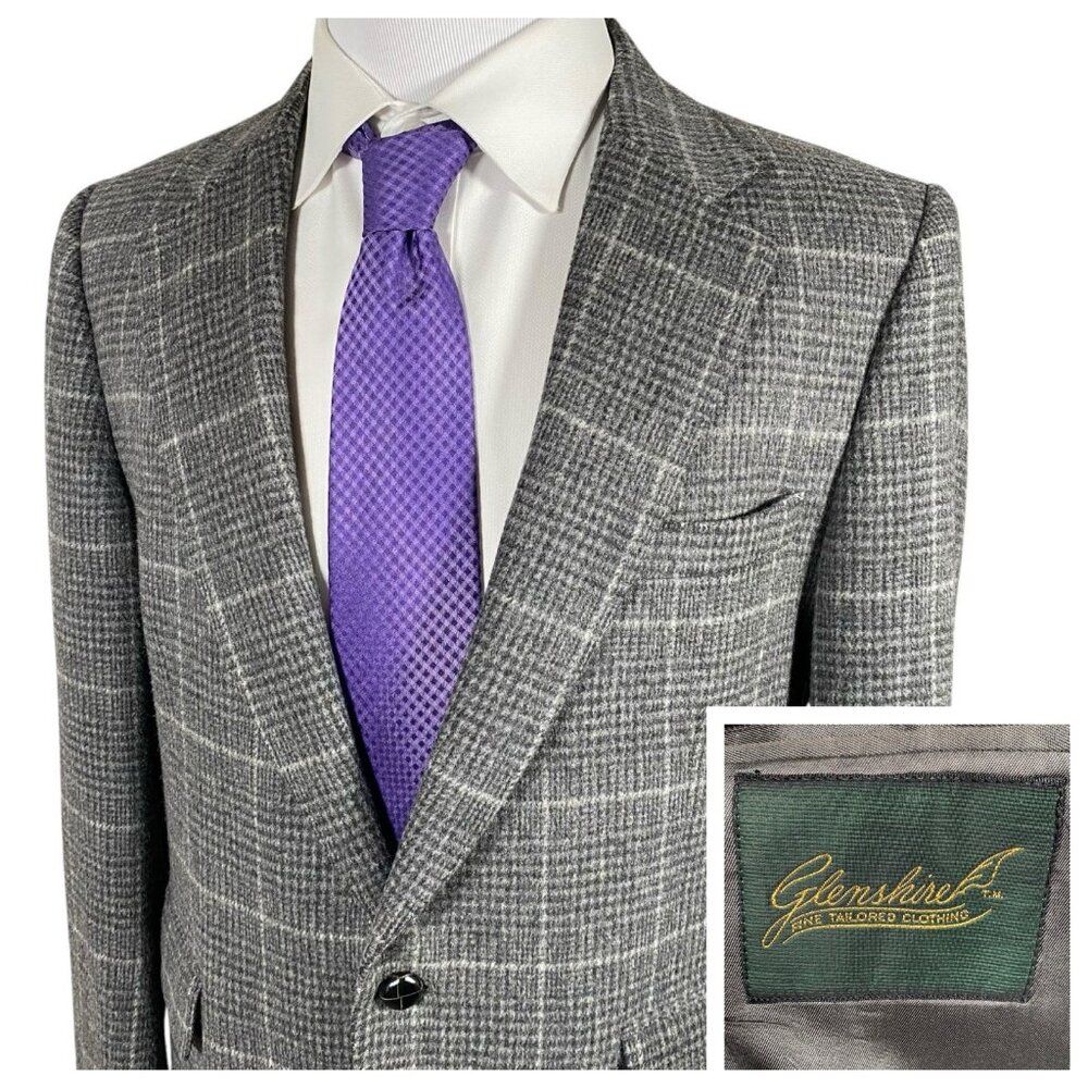 Vintage Glenshire Sport Coat 42 44 Wool Flannel Prince of Wales Check Glen Plaid